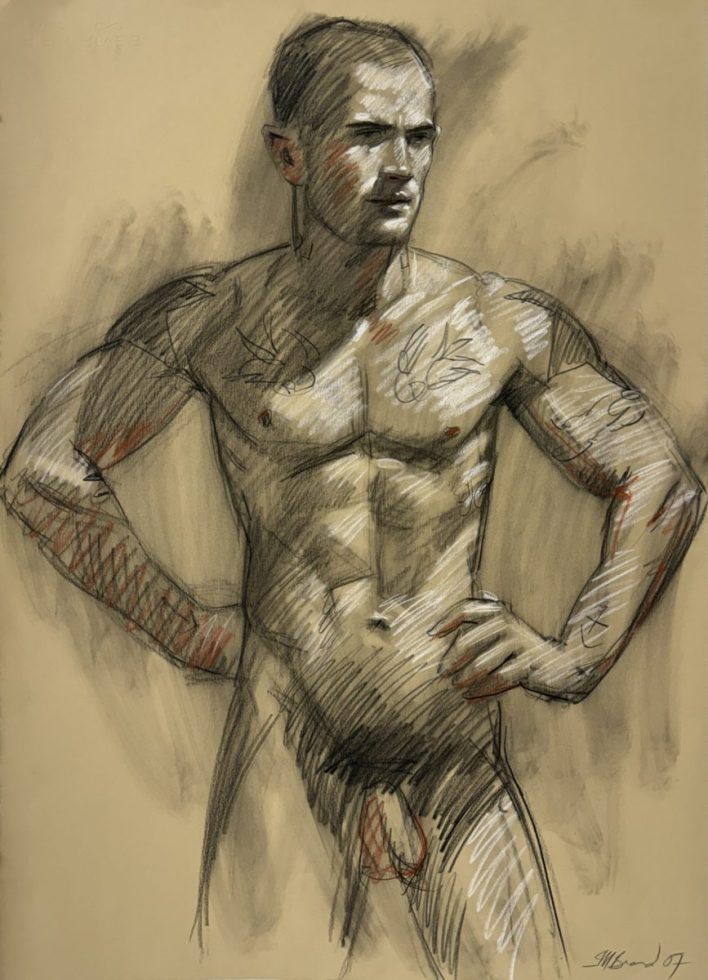 A drawing of a nude man with his hands on his hips