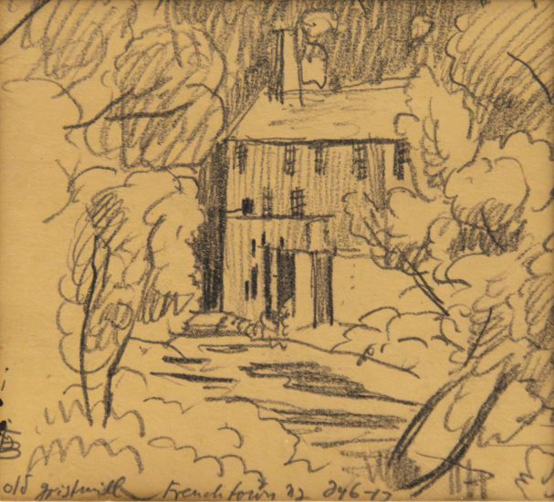 ChatGPT said: Pencil sketch of a tall wooden building surrounded by dense trees with a winding path or stream in the foreground.