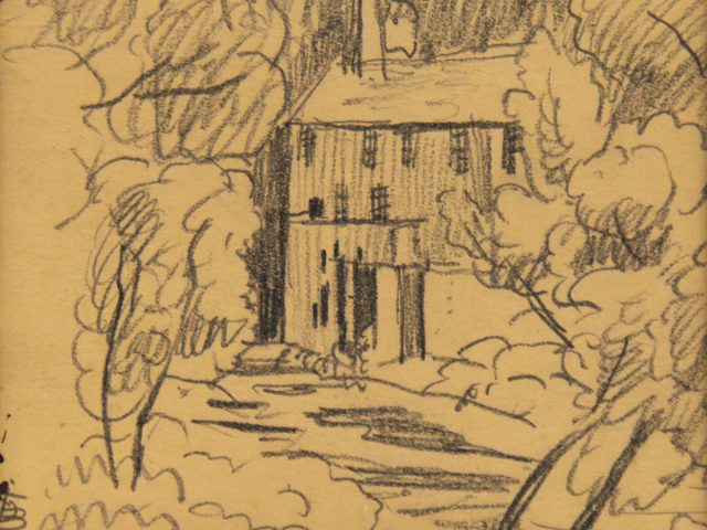 ChatGPT said: Pencil sketch of a tall wooden building surrounded by dense trees with a winding path or stream in the foreground.
