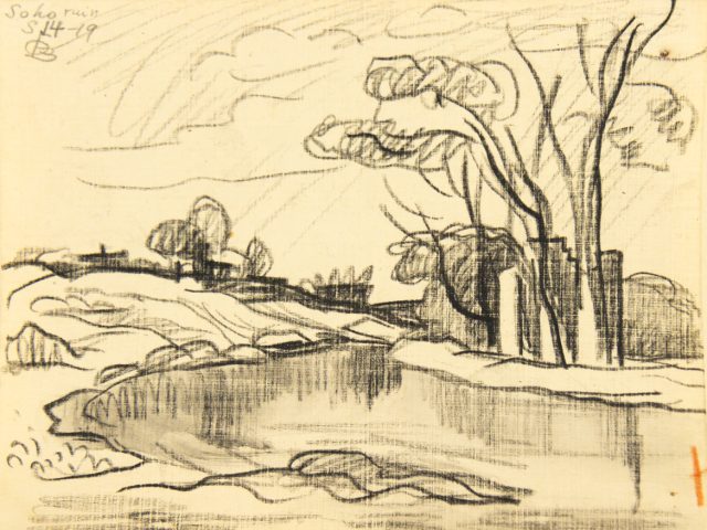 Sketch of a tree-lined shoreline with calm water, distant hills, and cloud-filled sky rendered in loose, expressive black lines.