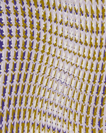 Repeated abstract human-like figures in purple, gold, and light lavender form a textured, slightly warped pattern.