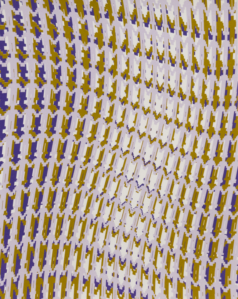 Repeated abstract human-like figures in purple, gold, and light lavender form a textured, slightly warped pattern.