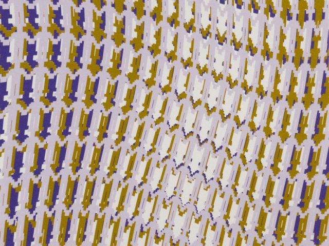 Repeated abstract human-like figures in purple, gold, and light lavender form a textured, slightly warped pattern.