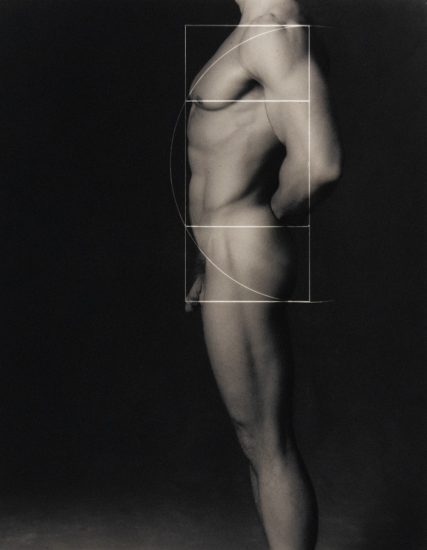 Nude male torso in profile with overlaid geometric shapes referencing the golden ratio, emphasizing classical proportions and idealized form.