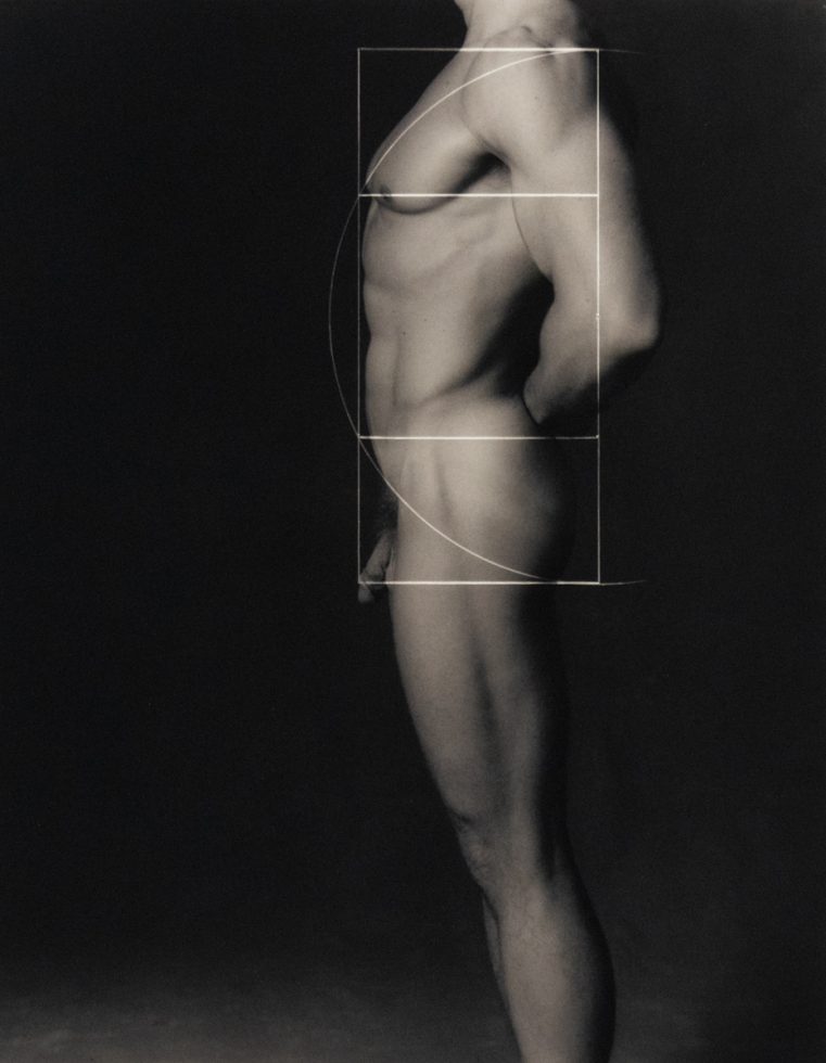 Nude male torso in profile with overlaid geometric shapes referencing the golden ratio, emphasizing classical proportions and idealized form.