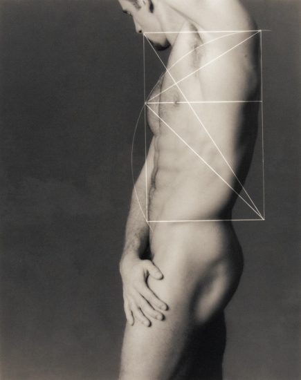 Nude male torso in profile with overlaid geometric shapes referencing the golden ratio, emphasizing classical proportions and idealized form.