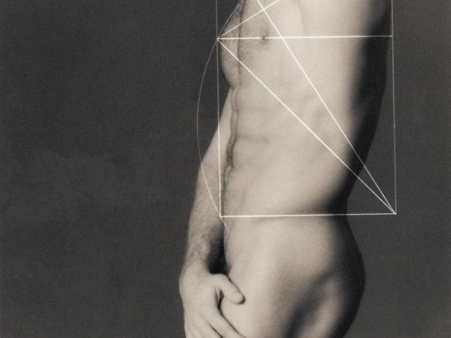 Nude male torso in profile with overlaid geometric shapes referencing the golden ratio, emphasizing classical proportions and idealized form.