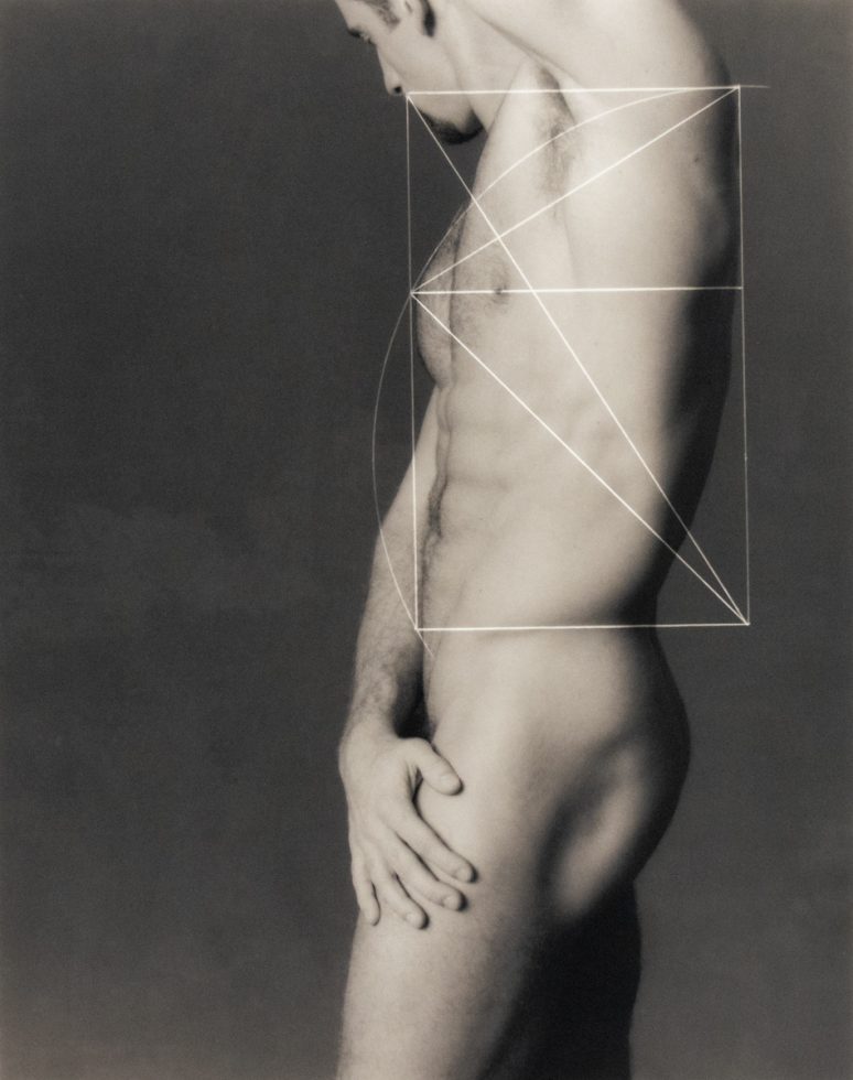 Nude male torso in profile with overlaid geometric shapes referencing the golden ratio, emphasizing classical proportions and idealized form.