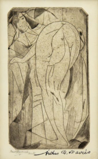Two abstracted female figures, one nude and bending forward, the other reclining behind, rendered in fragmented, curving lines and shaded planes.