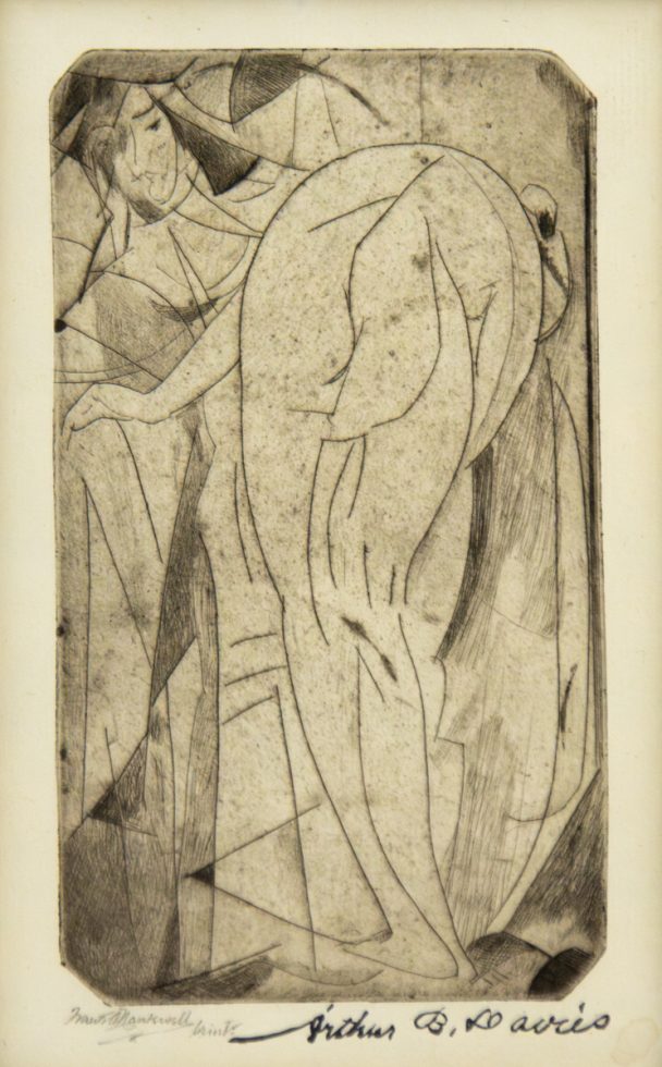 Two abstracted female figures, one nude and bending forward, the other reclining behind, rendered in fragmented, curving lines and shaded planes.
