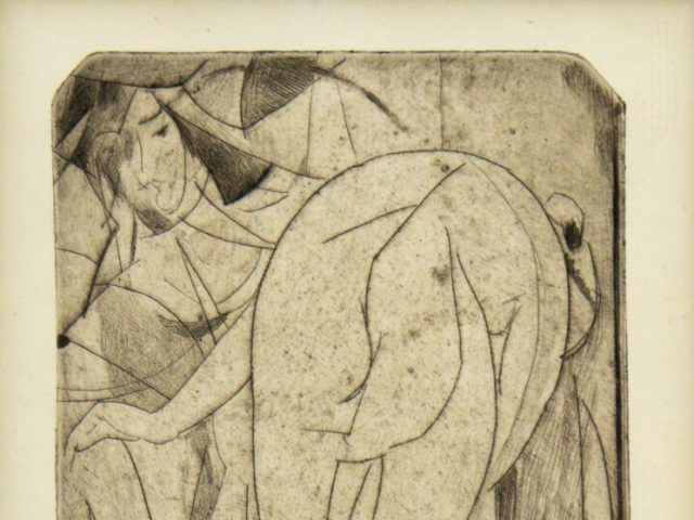 Two abstracted female figures, one nude and bending forward, the other reclining behind, rendered in fragmented, curving lines and shaded planes.