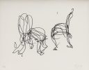 Two abstract, fluid line drawings of organic, tangled forms. One reclines, the other reaches up, signed and dated in corners.