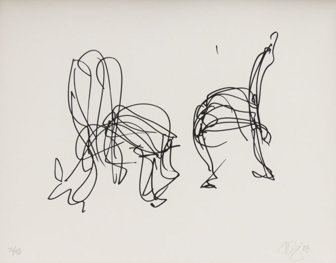 Two abstract, fluid line drawings of organic, tangled forms. One reclines, the other reaches up, signed and dated in corners.
