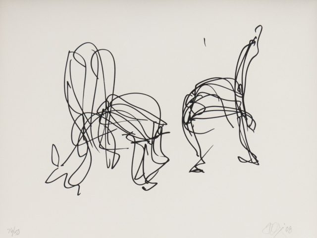 Two abstract, fluid line drawings of organic, tangled forms. One reclines, the other reaches up, signed and dated in corners.