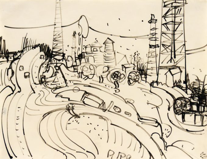 Black ink drawing of a curving road with abstracted buildings, towers, and trees sketched in a loose, gestural style.