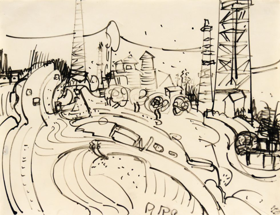 Black ink drawing of a curving road with abstracted buildings, towers, and trees sketched in a loose, gestural style.