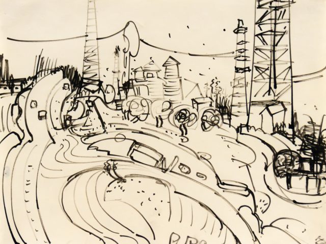 Black ink drawing of a curving road with abstracted buildings, towers, and trees sketched in a loose, gestural style.