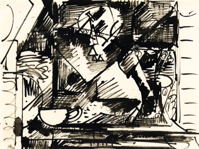 An abstract ink drawing on paper from 1941, featuring bold, gestural black lines and forms that create a sense of dynamic movement.