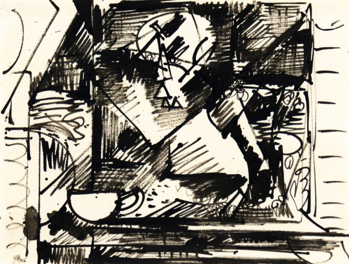 An abstract ink drawing on paper from 1941, featuring bold, gestural black lines and forms that create a sense of dynamic movement.