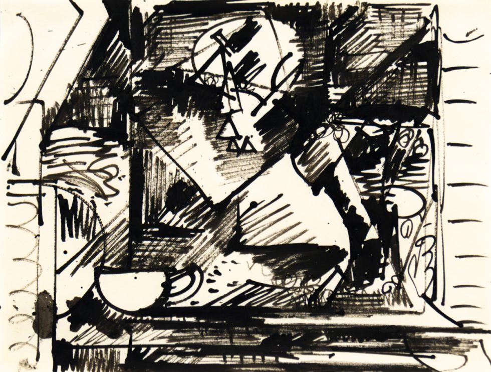 An abstract ink drawing on paper from 1941, featuring bold, gestural black lines and forms that create a sense of dynamic movement.