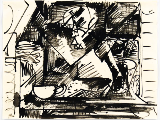This black and white drawing depicts triangle scribbled shapes in thick black lines.
