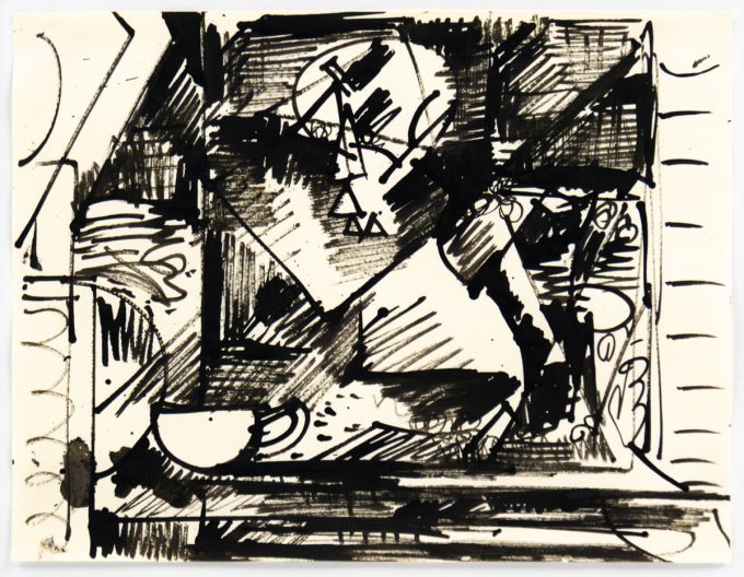 This black and white drawing depicts triangle scribbled shapes in thick black lines.