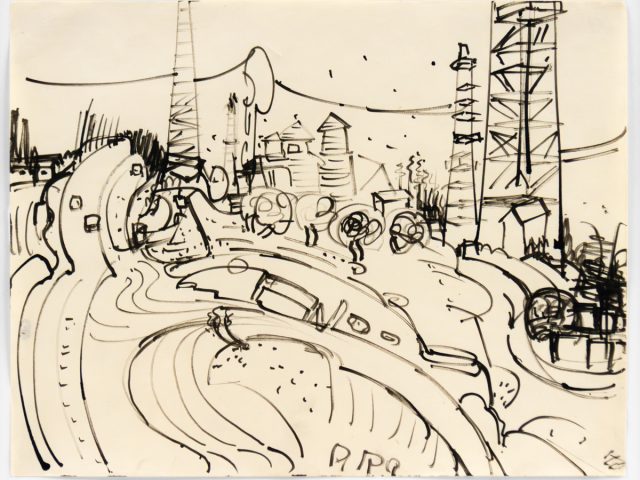 This black and white drawing depicts a dreamy city scape where buildings and power lines rise into a star flecked sky.