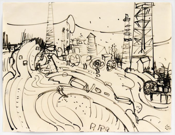This black and white drawing depicts a dreamy city scape where buildings and power lines rise into a star flecked sky.