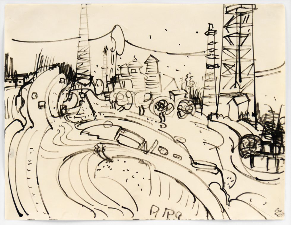 This black and white drawing depicts a dreamy city scape where buildings and power lines rise into a star flecked sky.