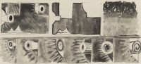 Abstract black-and-white lithograph with panels showing eyes, spirals, stick figures, and biomorphic forms in a surreal, compartmentalized layout.