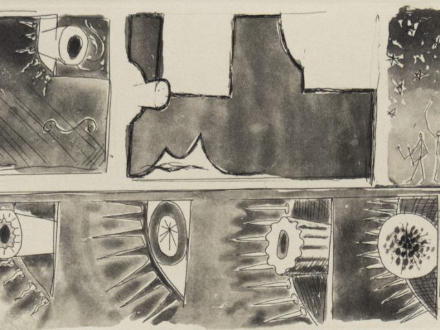 Abstract black-and-white lithograph with panels showing eyes, spirals, stick figures, and biomorphic forms in a surreal, compartmentalized layout.