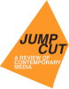 An orange geometric form with black and white text overlaid.