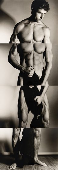A vertical quadriptych of a muscular nude man pulling up dark pants, segmented into four stacked photographic panels.