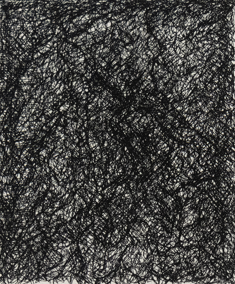 Dense black scribbles form a chaotic, web-like abstract pattern over a white background.