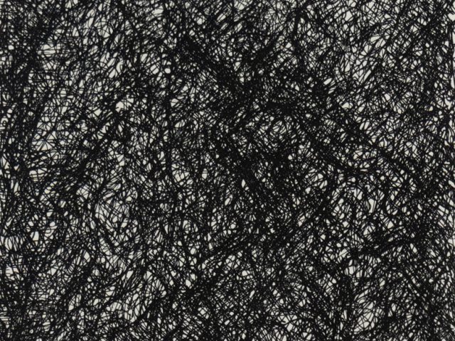 Dense black scribbles form a chaotic, web-like abstract pattern over a white background.