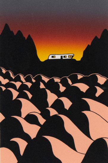 Stylized illustration of a white trailer on a black ridge, silhouetted against a fiery sunset sky, with abstract pink and black hills in the foreground.