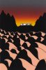 Stylized illustration of a white trailer on a black ridge, silhouetted against a fiery sunset sky, with abstract pink and black hills in the foreground.