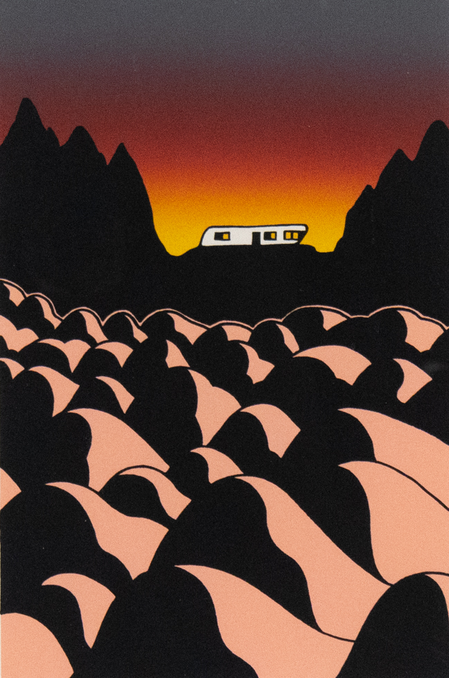 Stylized illustration of a white trailer on a black ridge, silhouetted against a fiery sunset sky, with abstract pink and black hills in the foreground.