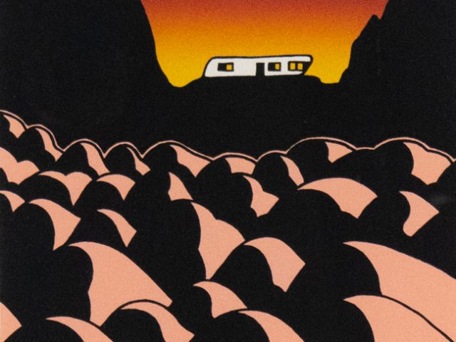 Stylized illustration of a white trailer on a black ridge, silhouetted against a fiery sunset sky, with abstract pink and black hills in the foreground.