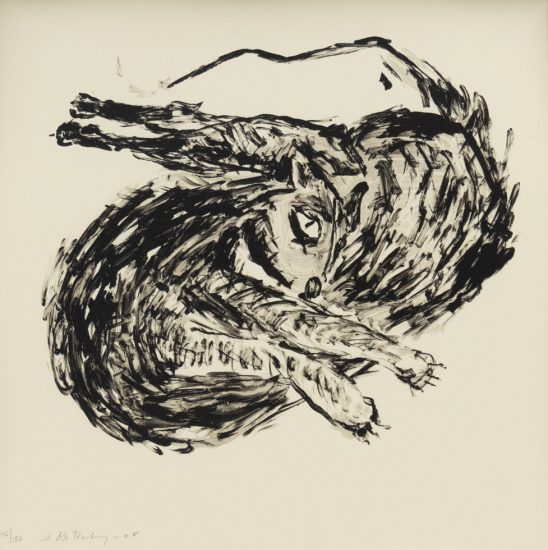 Expressive black brushstrokes depict a curled, twisted cat with exaggerated limbs and intense gaze on a cream background.