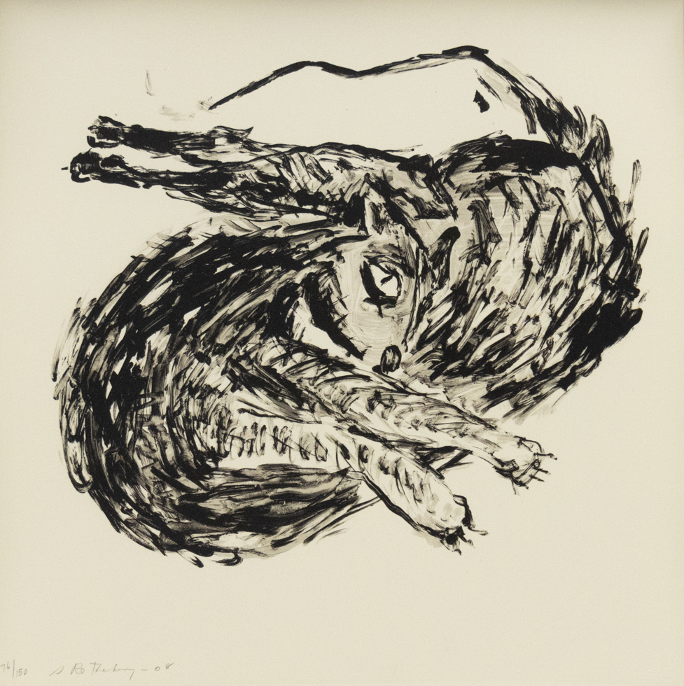 Expressive black brushstrokes depict a curled, twisted cat with exaggerated limbs and intense gaze on a cream background.