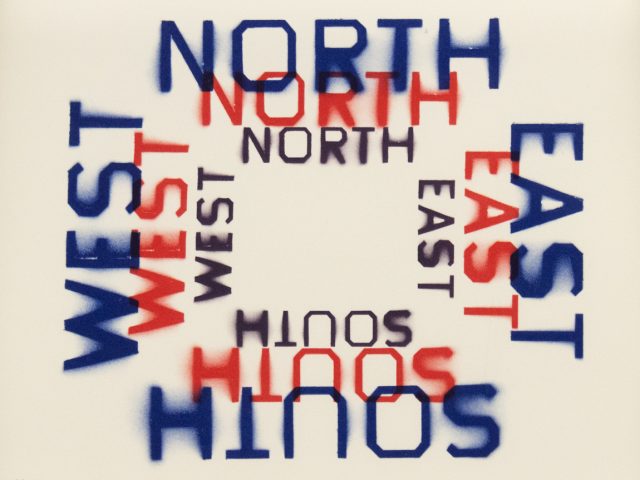 Stencil-style words for each cardinal direction—NORTH, SOUTH, EAST, WEST—repeat in red, blue, and black, forming a square pattern.