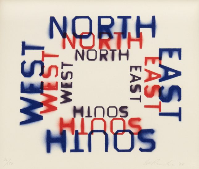 Stencil-style words for each cardinal direction—NORTH, SOUTH, EAST, WEST—repeat in red, blue, and black, forming a square pattern.