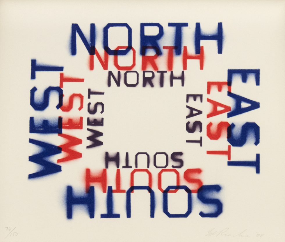 Stencil-style words for each cardinal direction—NORTH, SOUTH, EAST, WEST—repeat in red, blue, and black, forming a square pattern.
