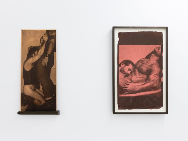 Contemporary artworks displayed along stark white bright gallery walls.