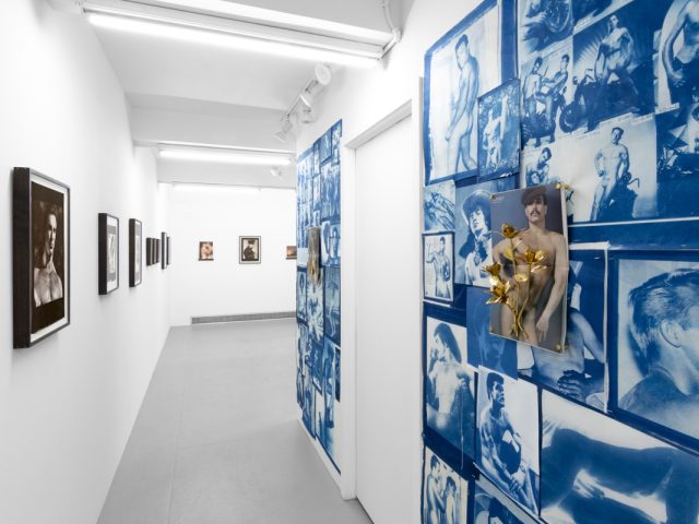Contemporary artworks displayed along stark white bright gallery walls.