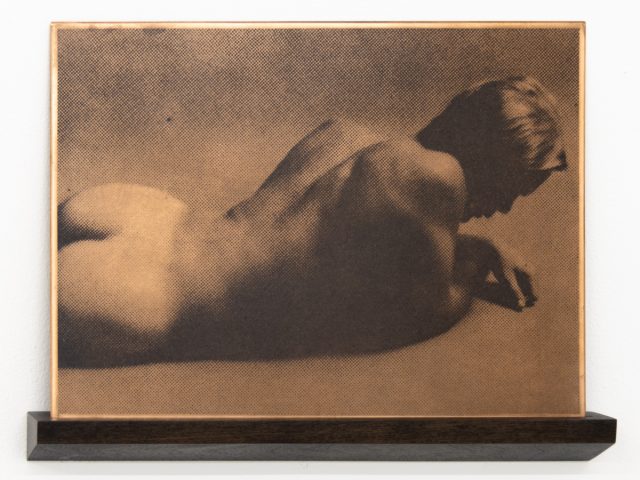This horizontal artwork, resting on a dark wooden shelf, features a nude figure lying on their stomach, depicted with a halftone effect.