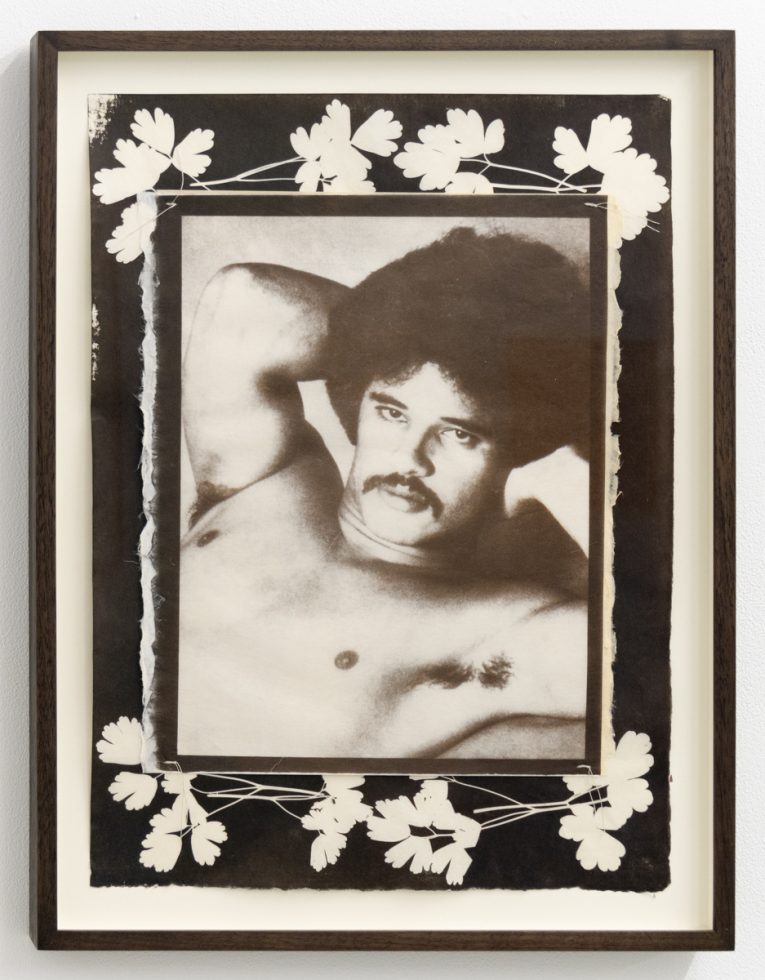 This framed artwork presents a black and white portrait of a man with an afro and mustache, surrounded by a border of white botanical silhouettes.
