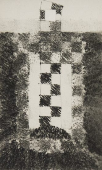 A monochrome abstract print shows a central checkerboard column bordered by textured, scribbled bands, creating a stark contrast.