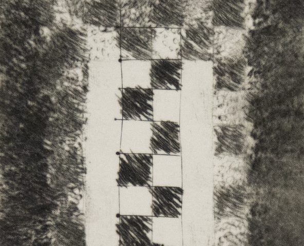 A monochrome abstract print shows a central checkerboard column bordered by textured, scribbled bands, creating a stark contrast.
